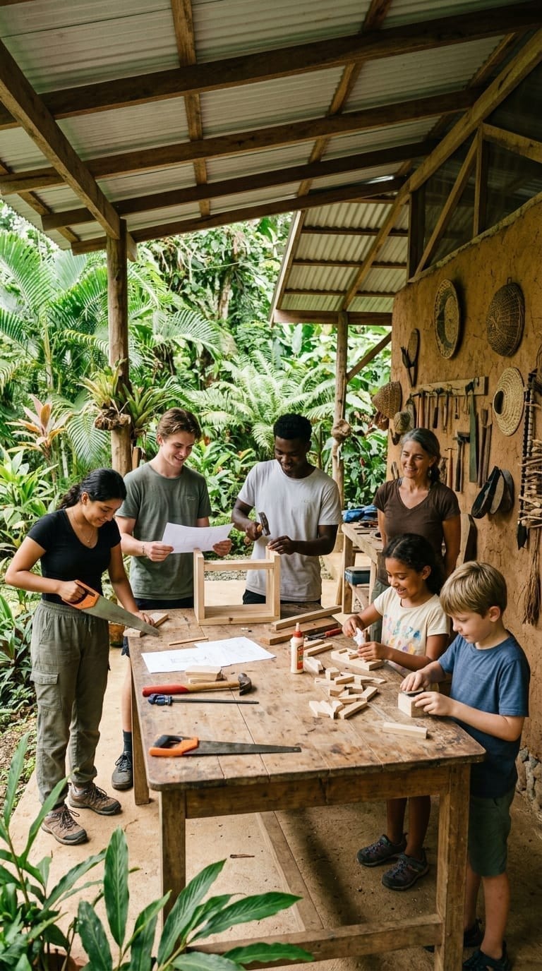 Mixed ages, shared tools, real things being made.