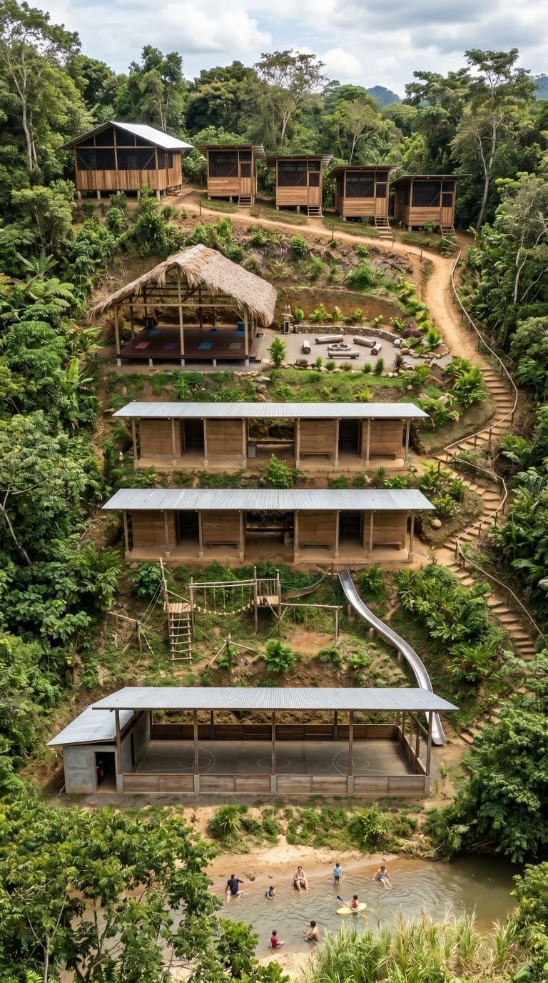 The campus nestled in the jungle, with workshop spaces, play areas, and the river below.